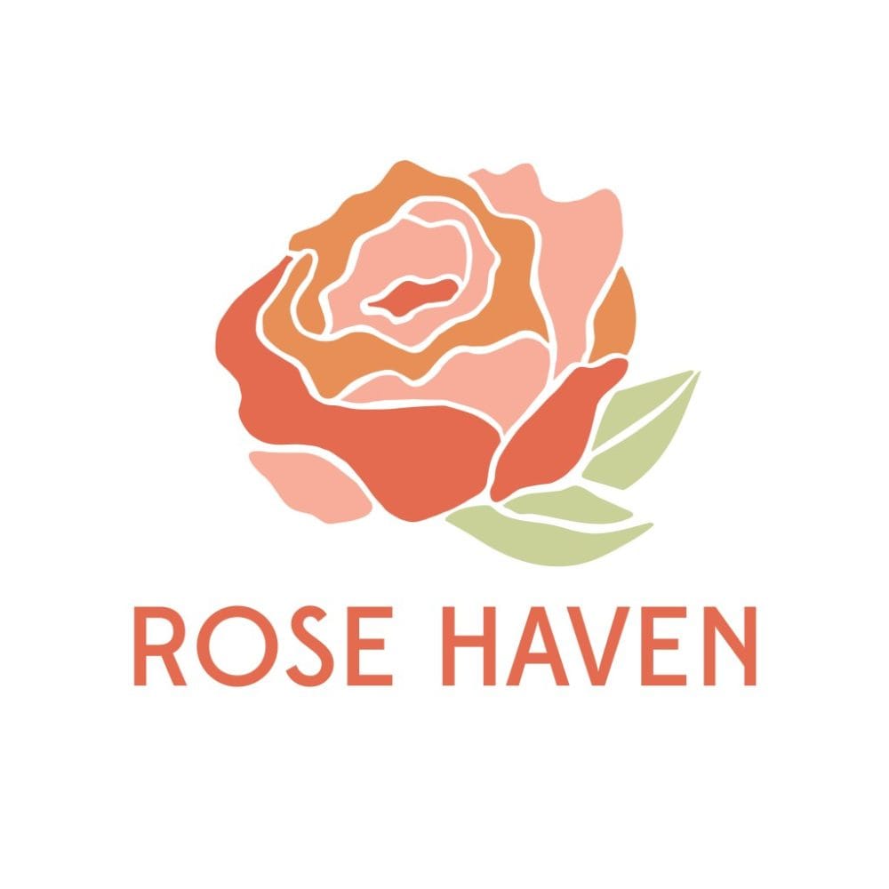Rose Haven logo; pink rose with green leaves and 