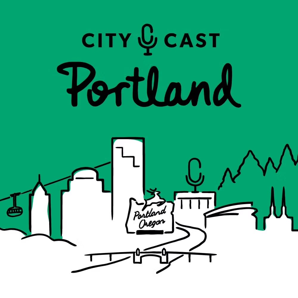 Green graphic with the words “City Cast Portland” in black lettering above a simple black-and-white illustrated skyline of Portland, Oregon. The drawing includes downtown buildings, a microphone icon, a bridge, mountains, trees, and a cable car, with “Portland Oregon” written on a central building.